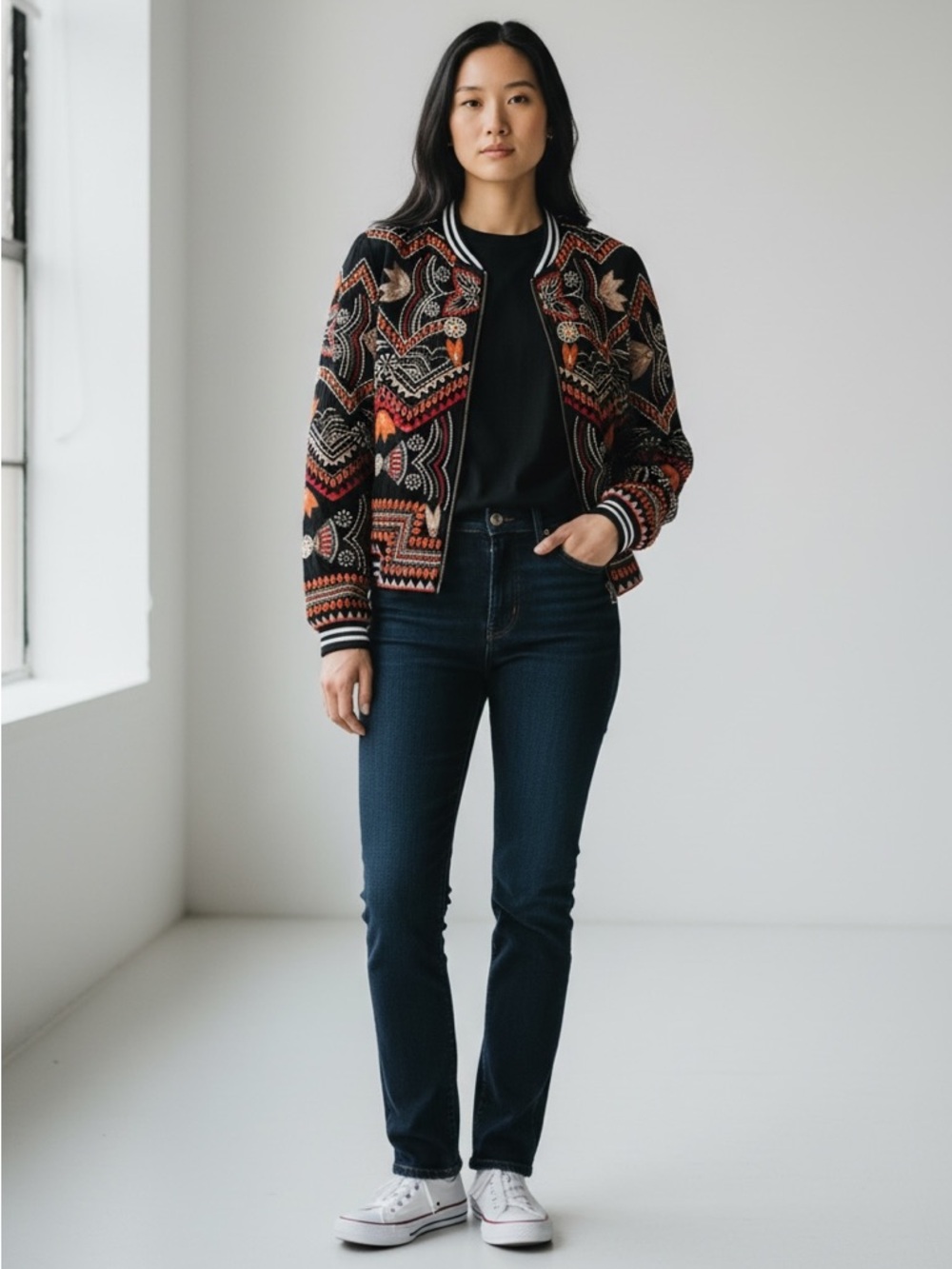Lovestitch Freyja Black Embroidered Bomber Bohemian Jacket Lightweight Sz Small